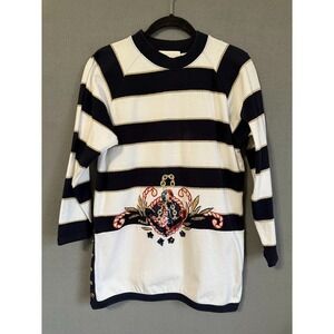 VTG 80's Cache Sweater‎ Nautical Women S Blue Striped Anchor Sequin Embellished